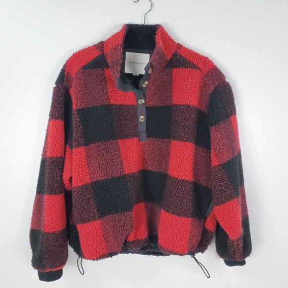 American Eagle Outfitters Sweaters - American Eagle Sweater Womens Small Red Black Buffalo Plaid Sherpa Fleece Casual